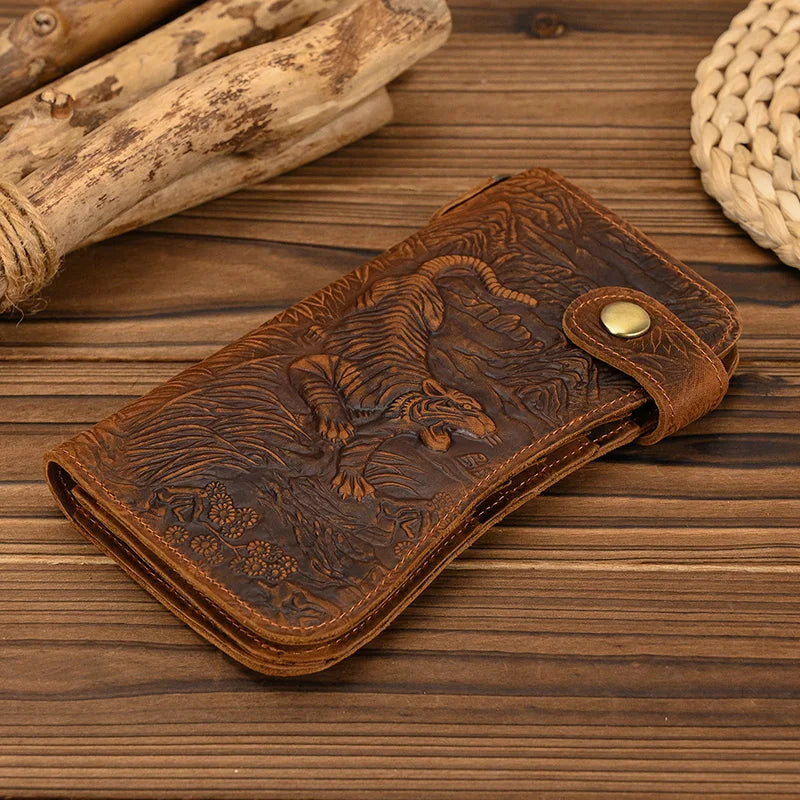 Newsbirds luxury brand designer men leather wallet 3D Tiger Dragon embossing cowhide men's wallet with iron chain high fashion