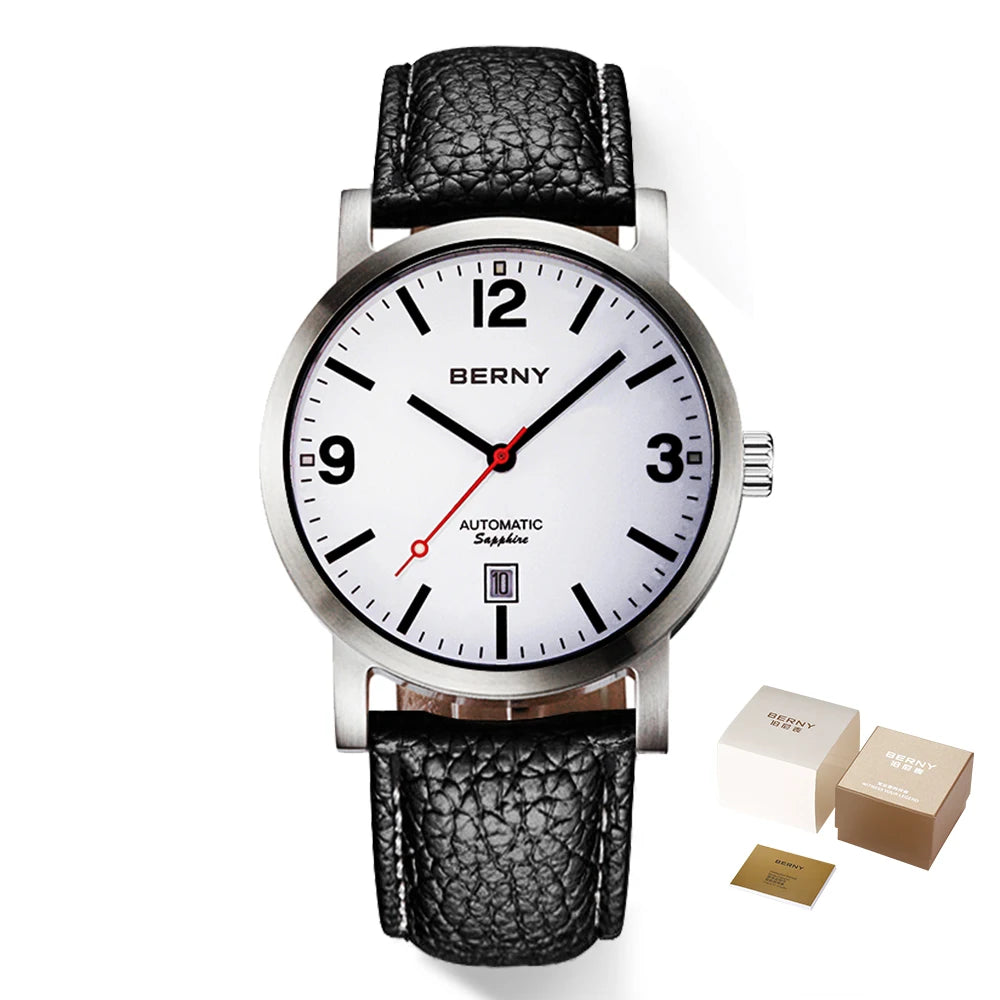 BERNY Men Mechanical Wristwatch 5ATM Waterproof Watch Casual Leather Swiss Railway Timepiece ST1612 Luxury Automatic Men Watch