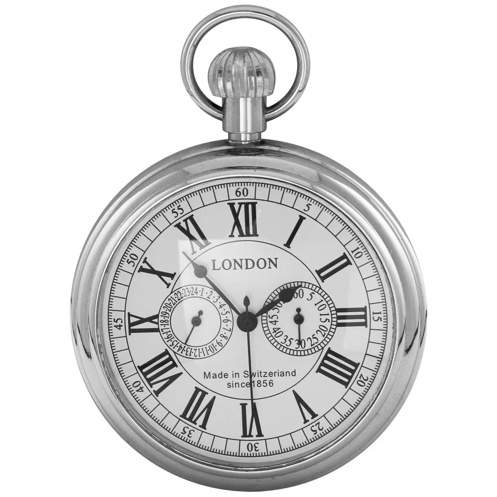 Luxury London 1856's Antique Pocket Watch Mechanical Hand Winding Stainless Steel Case Mens FOB Chain Pocket Watch Reloj Gift