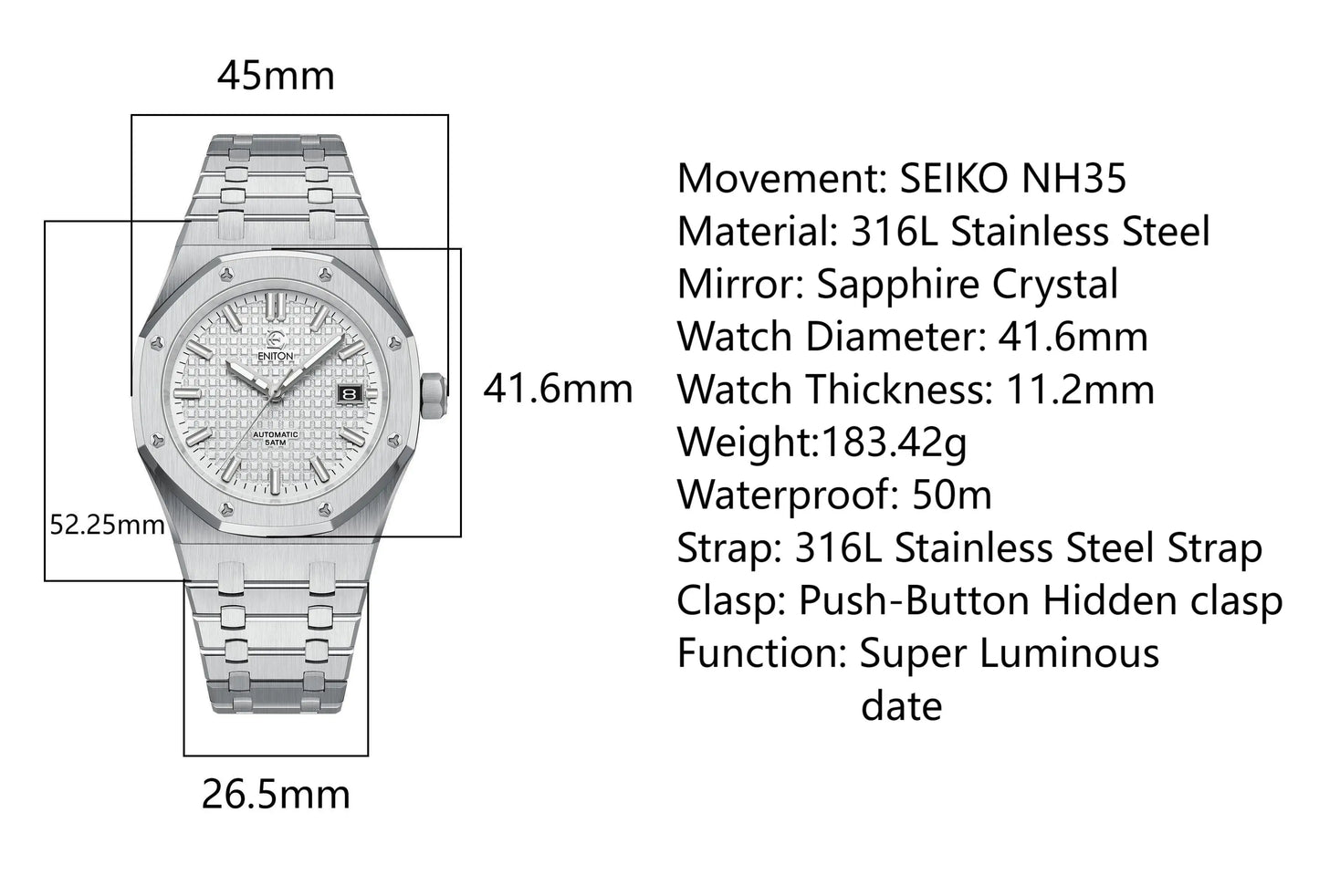 ENITON 41mm Business Luxury 316L Stainless Steel Transparent Case Back Automatic Mechanical Casual Watches for men