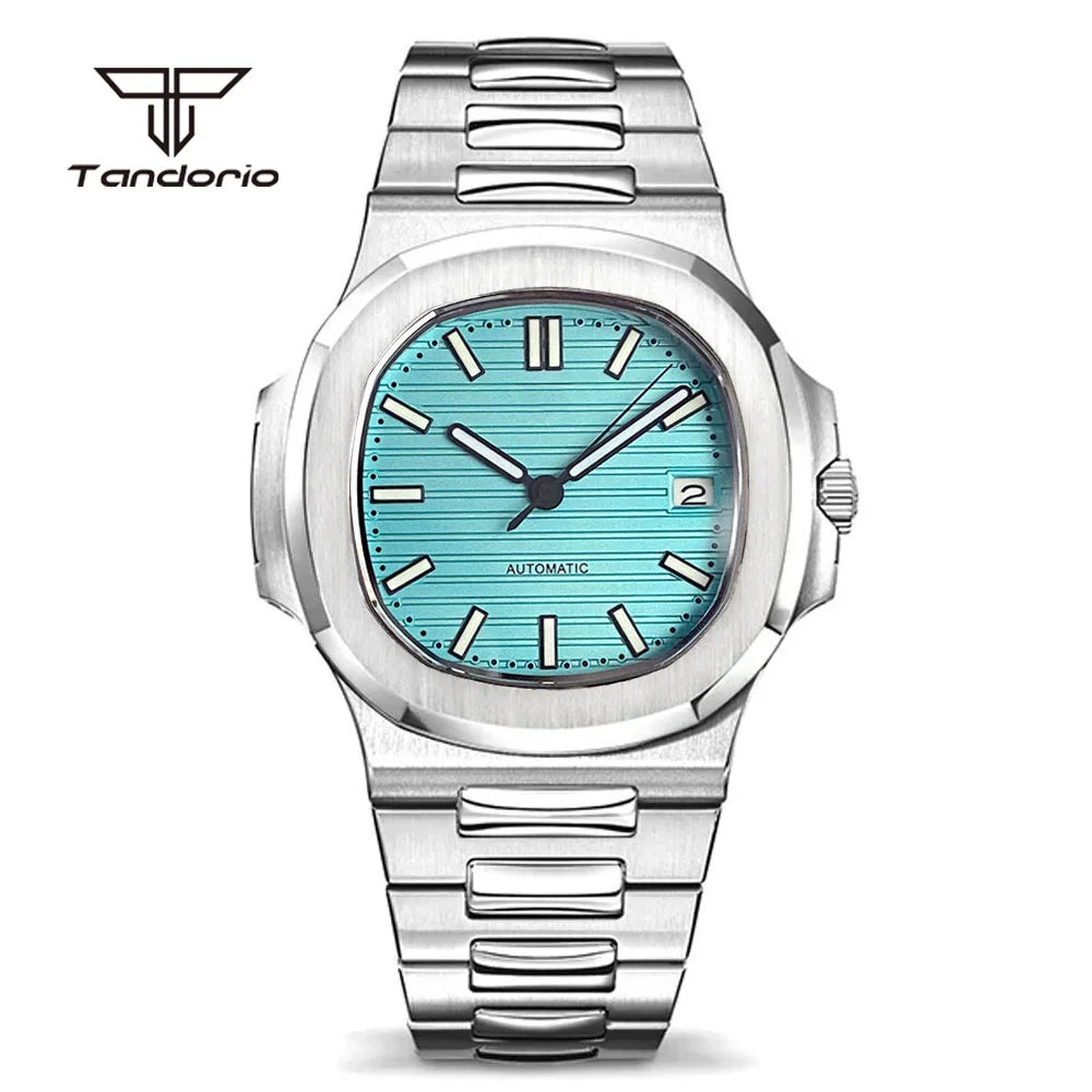 Tandorio Square 40mm Men's Stainless Steel NH35 Automatic Watch Multicolor Dial Sapphire Date Brushed Mechanical Wristwatch Lume