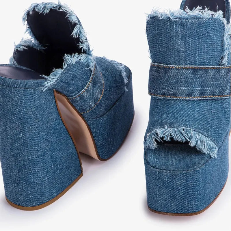 Arden Furtado 2024 Summer Denim Peep toe Square heel Mules Round toe Platform Super high heel Word slippers Large size