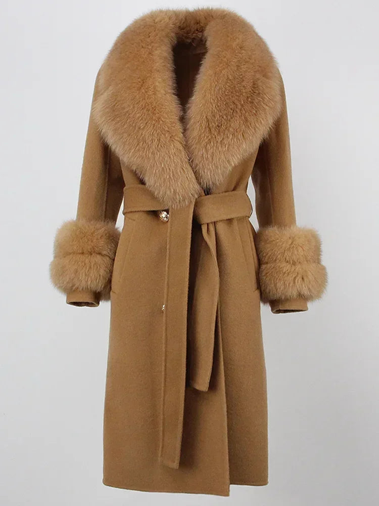 2024 Winter Jacket Women Long Natural Wool Blends Cashmere Real Fur Coat Double Breasted Belt Warm Wool Streetwear New Fashion