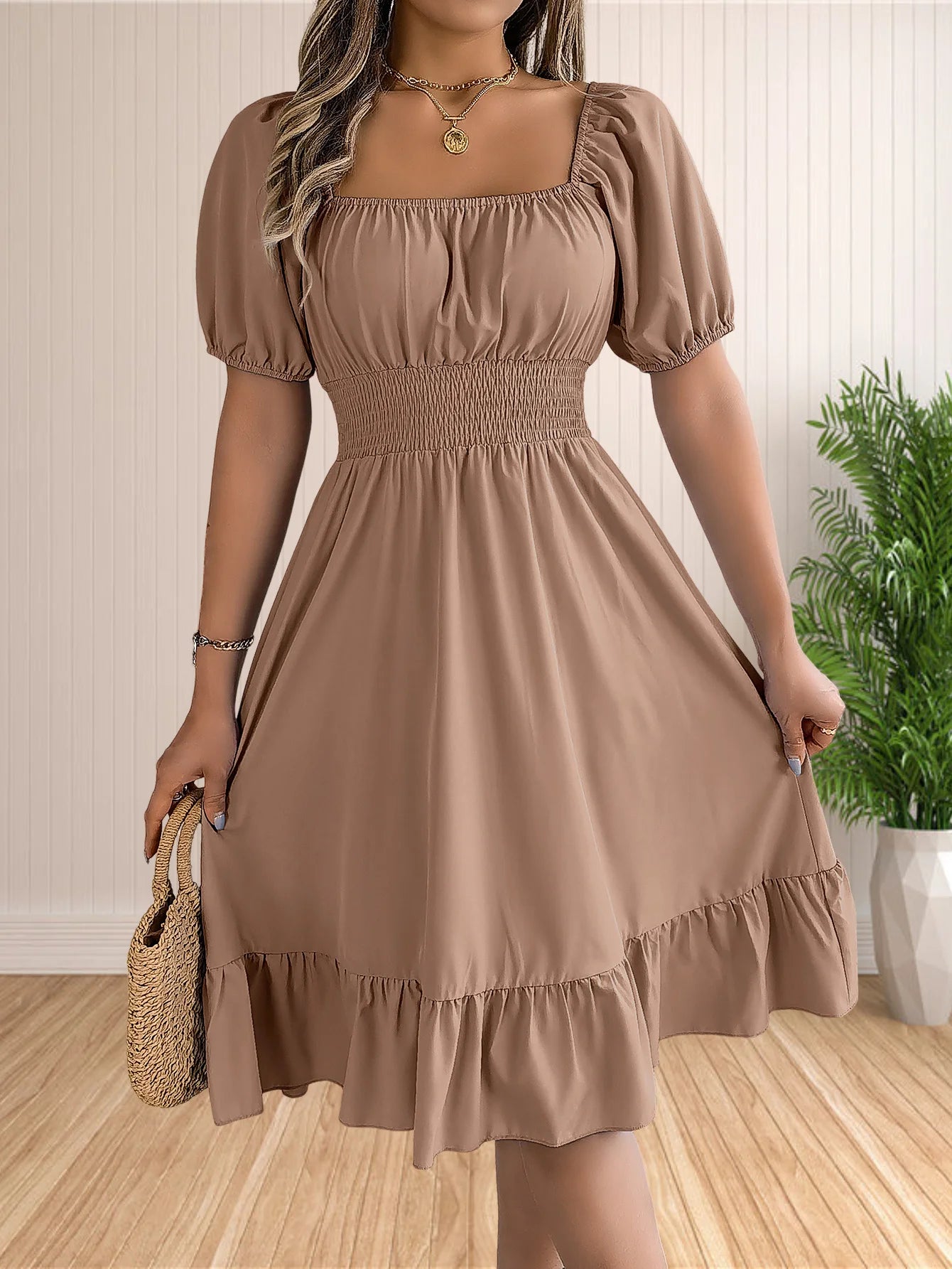 Women's Boho Square Neck Puff Short Sleeve Self Tie Front A Line Dress