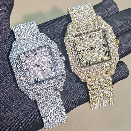Luxury Diamond Watch for Men Hip Hop Style Bling Bling Iced Out Wristwatch Fashion Square Dial Quartz Watches Waterproof Clock