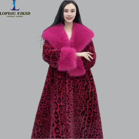 Faux fur coat for women,turn-down collar long jackets,adjustable waist casual overcoat, leopard, spliced, new winter