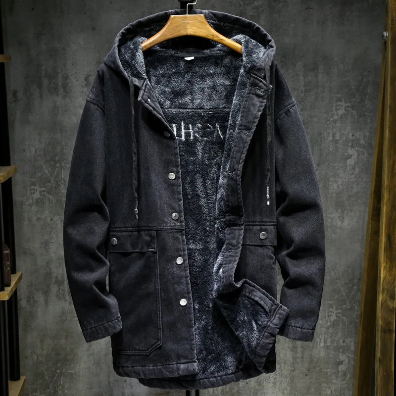 Winter Men's Long Jeans Jacket Fleece Lined Thick Thermal Cargo Denim Windbreaker Hooded Loose Fit Coat Outerwear For Male 5XL