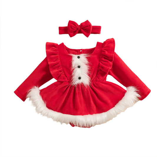 Infant Baby Girls Romper Dress Terry Trim Ruffled Long Sleeve A-Line Dress with Bow Headband Adorable Christmas Clothes Outfits