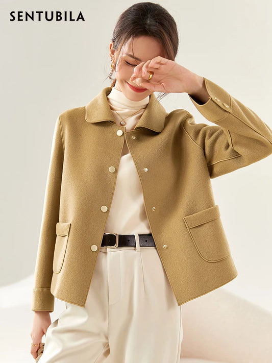 SENTUBILA Women 100% Wool Coat 2025 Office Lady Elegant Fashion Warm Solid Vintage Turn-down Collar Pocket Short Coats W24O43399