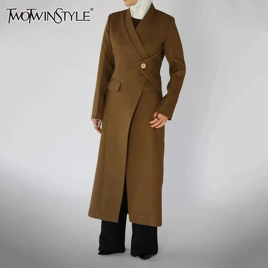 TWOTWINSTYLE Solid Fashion Spliced Button Trench for Women V Neck Long Sleeve Patchwork Pockets Elegant Coat Female Clothing New