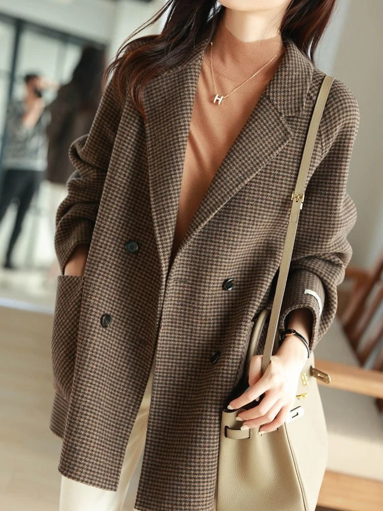 Women's Coat Fashion Pockets Plaid Wool Blends Coats Ladies Thick Warm Single Breasted Elegant Long Winter Jacket Women 2022