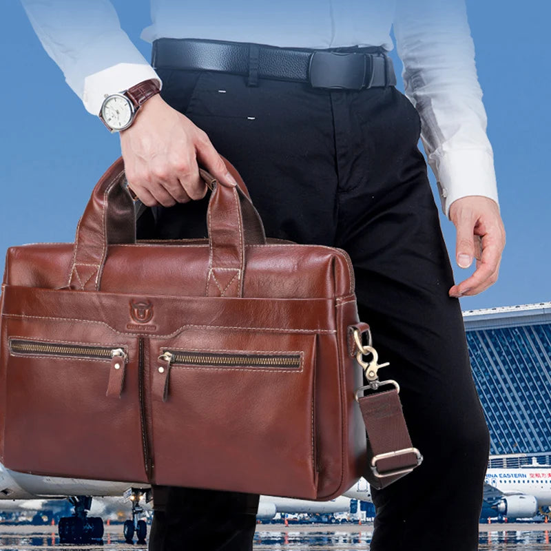 BULLCAPATIAN Men's Briefcase Genuine Leather Business Tote Bag Top Layer Cowhide Vintage Briefcase Messenger Bag Computer Bag