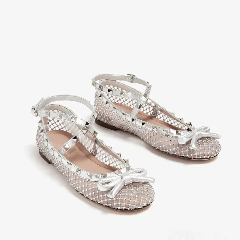 Mary Jane Women's Water Diamond Mesh Bow Flat Shoes, Single Shoes, Rivet Ballet Shoes, Big Sandals, Spring, Summer, New