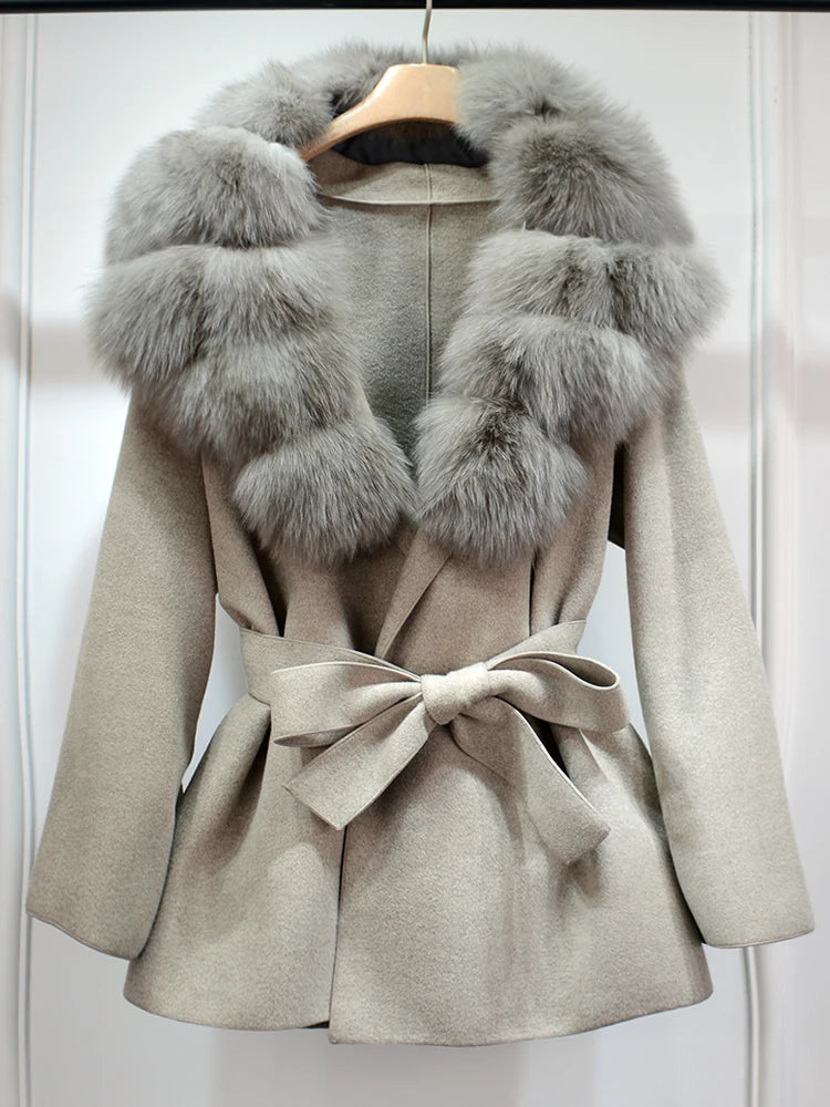 Janveny Wool Coat Women 2025 New Winter Autumn Cashmere Coats Luxury Real Fox Fur Collar Ladies Elegant Belt Design Outwear