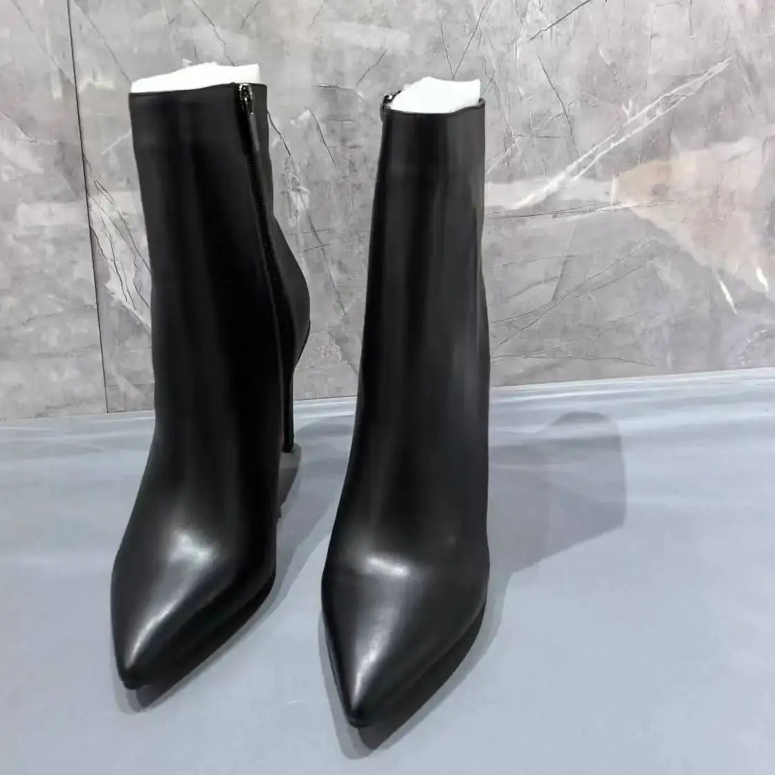 Pointed Toe Black Leather Botas De Mujer Red Sole Mid-Calf Boots For Women Back Zipper Office Lady Career Shoes Female High Heel