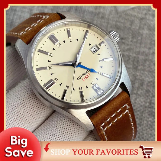 Tandorio Japan NH34 Automatic Mechanical Watch for Men Diver GMT Movement 200M Waterproof 39mm Sapphire Crystal Leather Band