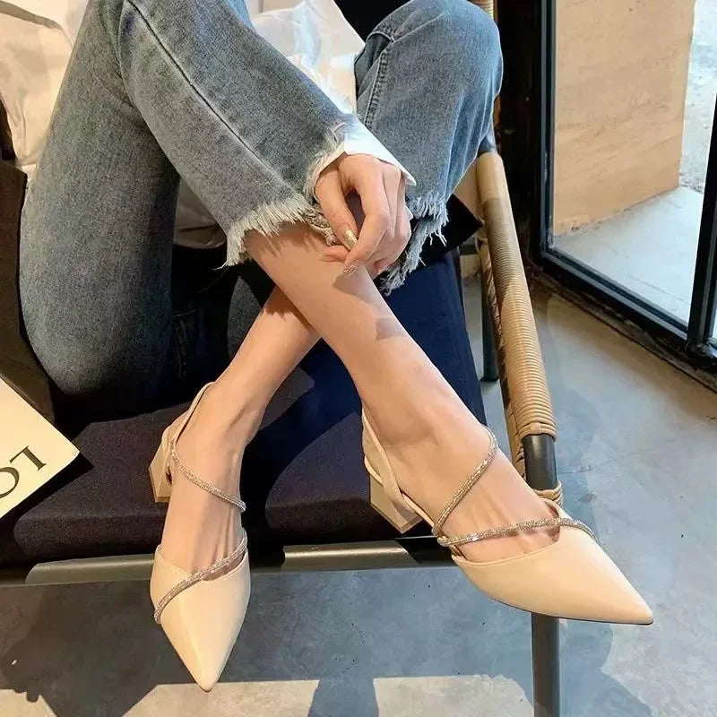 New Women's Fashion Comfortable High Heels Women's Shoes Slip-on Pointed Toe Rhinestone Sandals Zapatillas Mujer