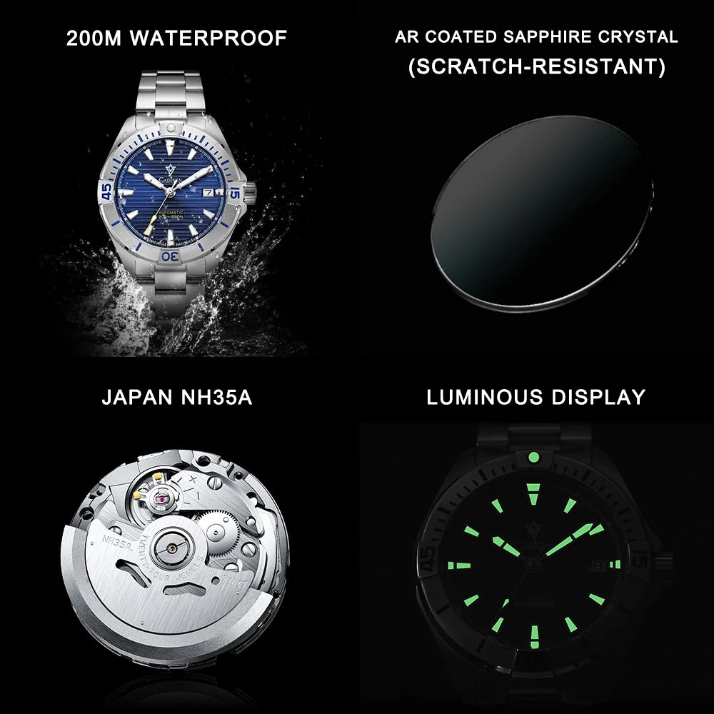 CADISEN NEW Top Brand Sports Men Mechanical Wristwatch Luxury Automatic NH35 Watch Men's Stainless Steel 200M Waterproof Clock