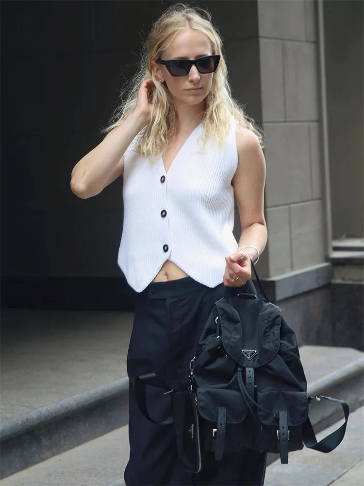 Tossy Knit Casual Ribbed Vest Cardigan For Women Solid Slim V-Neck Sleeveless High Waist Outwear Female Loose Knit Vest Sweater