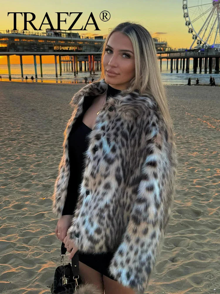 TRAFZA Winter Woman Leopard Print Lapel Faux Fur Loose Coat Pockets Fashion Long Sleeves Fuzzy Jacket Female Warm Outerwear