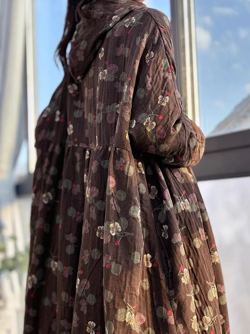 LYUZHE 2025 Spring Autumn New Chinese Style Printed Women Trench Coat Hooded Long Sleeve Retro Mid-length Trench Coat ZXY999B