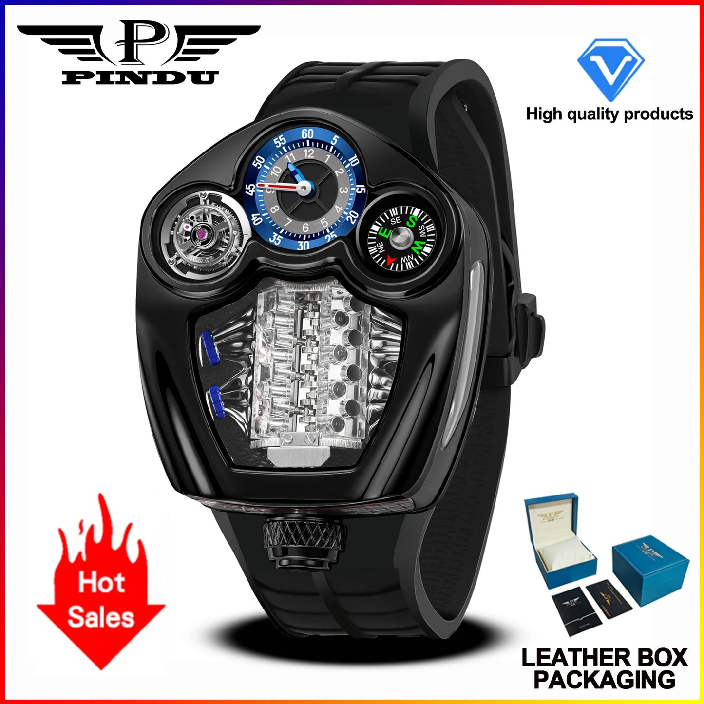 NEW PINDU Design Engine Series Quartz Watch Men TOP-luxurious Stainless steel Compass Waterproof Swiss quartz 762 movement watch