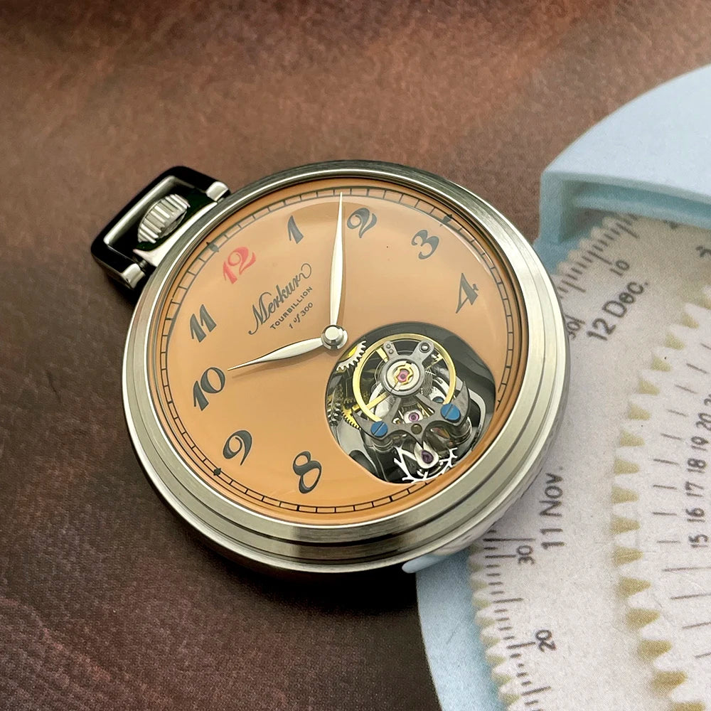 Merkur True Tourbillon Vintage Pocket Watch Salmon Enamel Dial Men's Manual Mechanical Watch 42mm NEW Waterproof