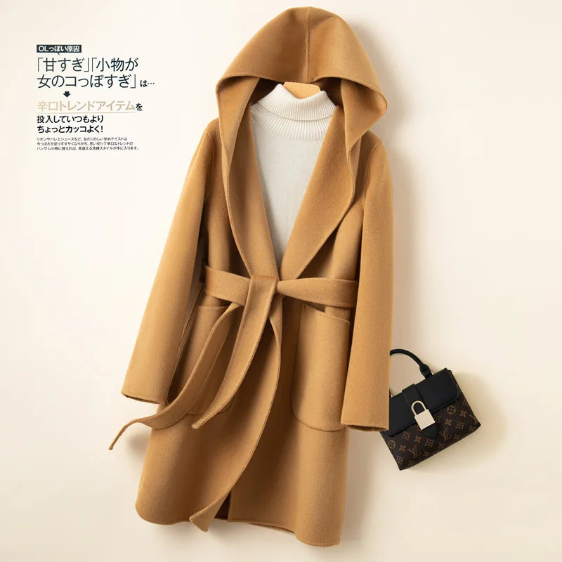 Women Double-sided Middle Long Length Woolen Hoodie Coat With Belt Lace Up Hooded Slimming Wool Jacket Autumn Winter Outerwear