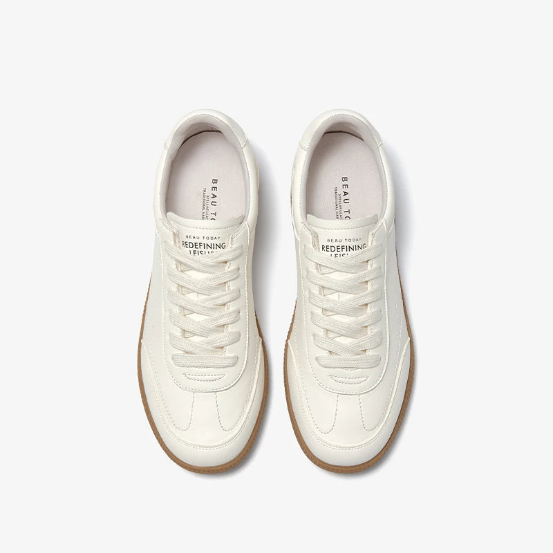 BEAUTODAY White Sneakers Women Cow Leather Lace-up Round Toe Sewing Ladies Trainning Shoes Handmade 29932
