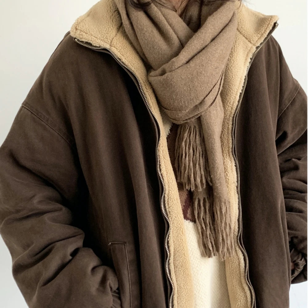 Autumn Winter American Lamb Wool Jacket Men Women Japanese Fashion Vintage Stand Collar Thick Coat Couple Trendy Jacket Unisex