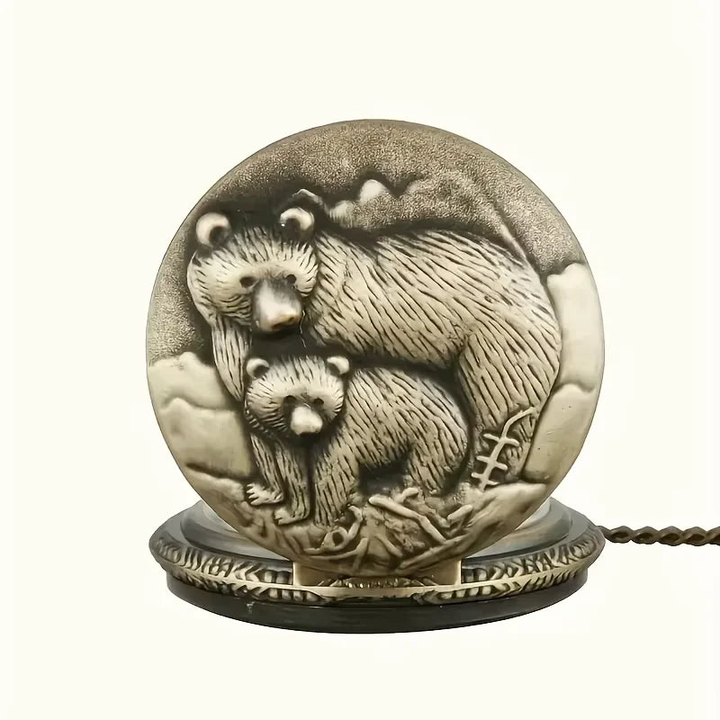 Vintage Grizzly Bronze Animal Carving Quartz Pocket Watch with Necklace, Perfect Gift for Couple Fashion Accessories
