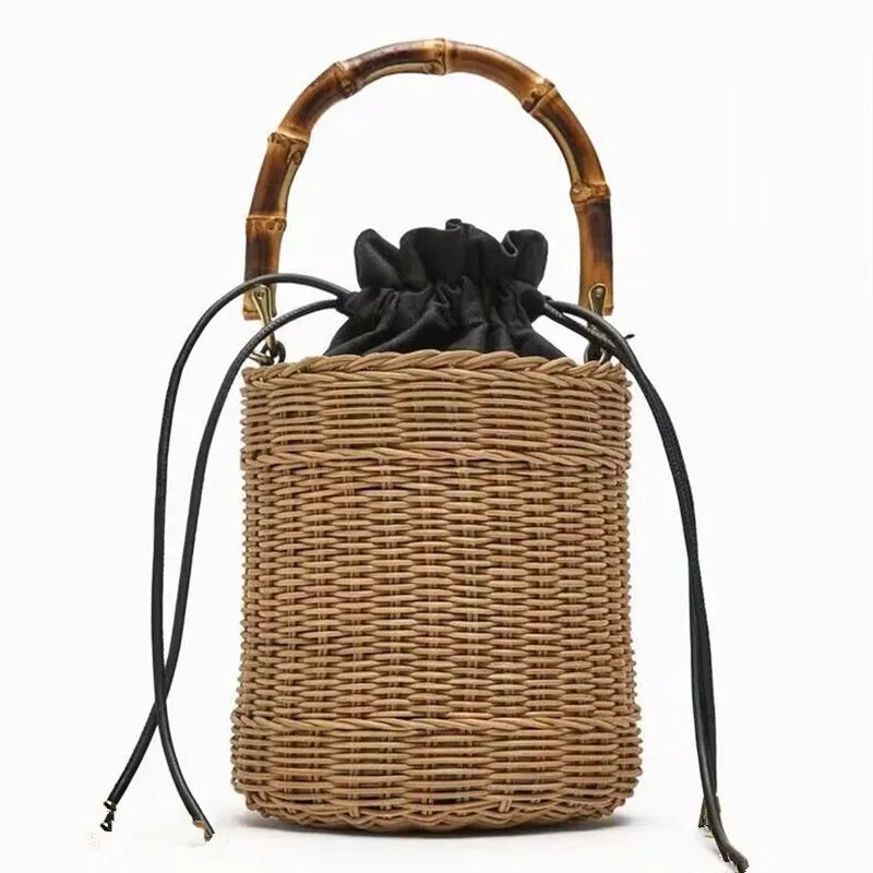 New Wicker Rattan Bucket Bag Bamboo Handle Women Handbags Bohemian Travel Beach Shoulder Bag Handmade Straw Bags for Women Tote