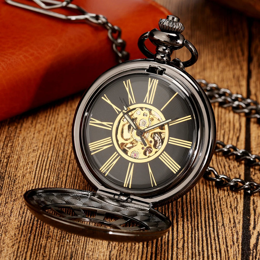 Mechanical Automatic Pocket Watch Men Roman Numerals Display Pocket Pendant Watch Black Hollow Half Hunter Retro Clock P890C