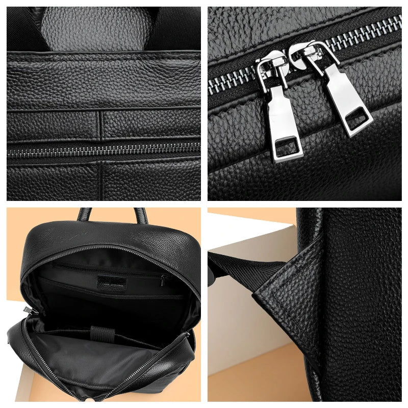 High Quality Minimalism Men's Black Backpack Bag Genuine Leather Double Shoulder Bag Cow Leather Man Backpack for Business
