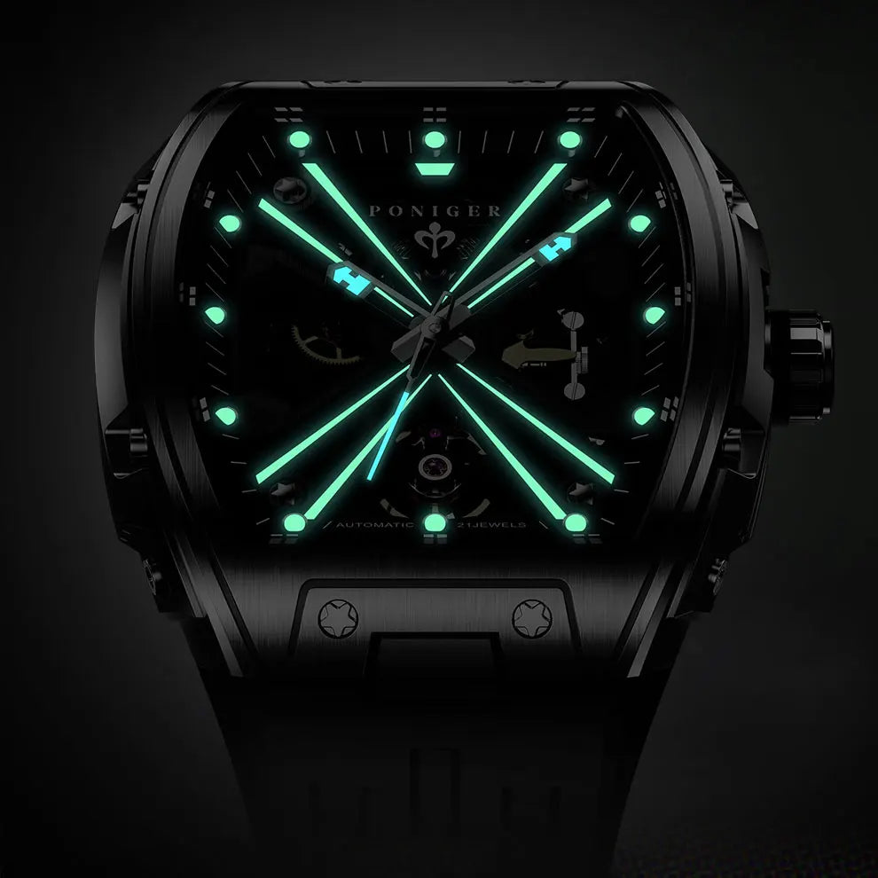 PONIGER New Men's Watch Automatic Movement Mechanical Tourbillon Design Men Watch Stainless Steel Case Waterproof Luminous Watch