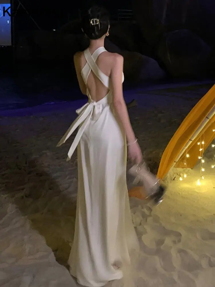 Elegant Sexy Backless Solid Long Dress Birthday Evening Party Halter Designer White Robe Summer Women Fashion Wedding Vestidos