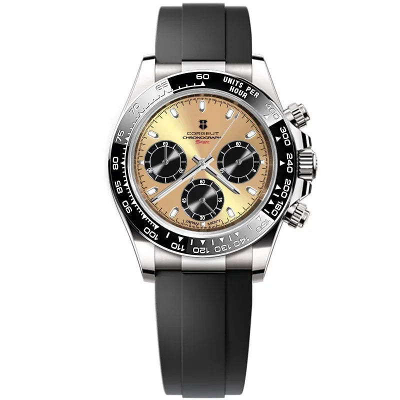 CORGEUT VK63 High Luxury Quartz Movement Silica Gel Sports Men's Watches Sapphire Flat Mirror Watch for Man Run Seconds