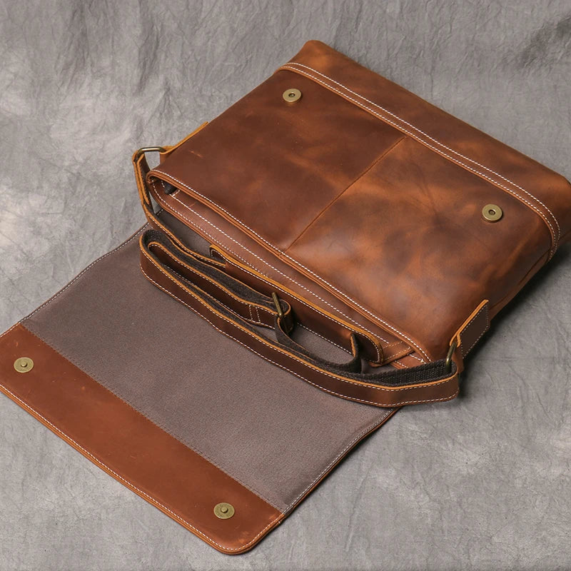 Retro Crazy Horse Leather Men's Shoulder Bag Handmade Men's Messenger Bag Top Layer Cowhide Flap Crossbody Bag