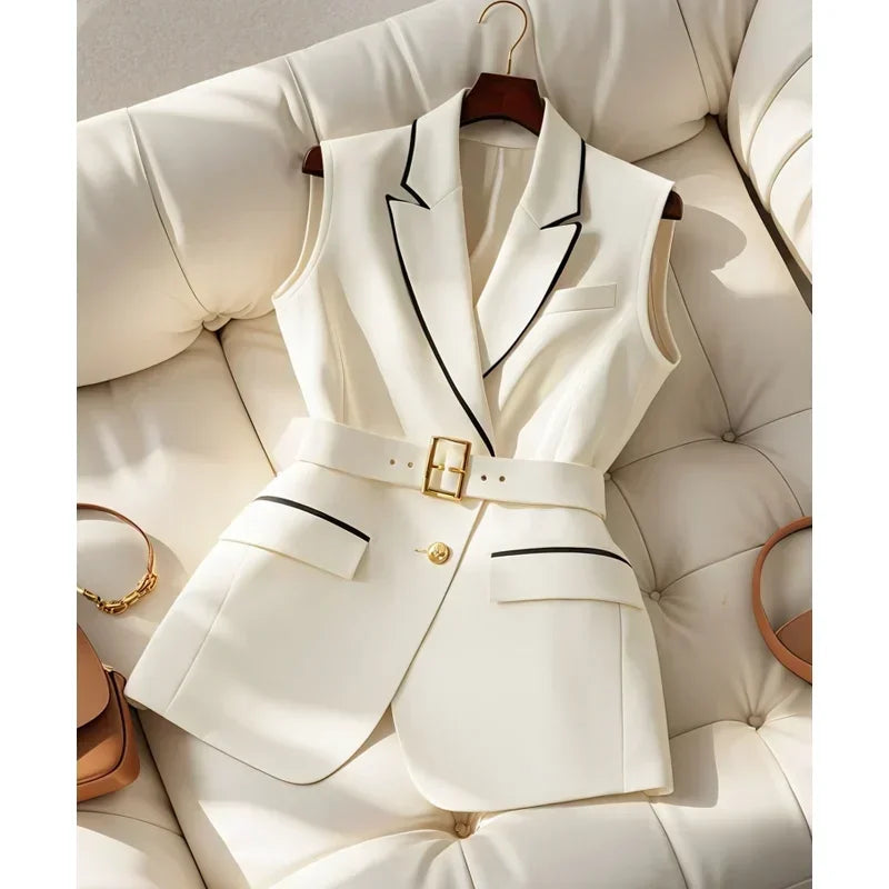 French Elegant Fashion White Suit Vest Women Clothing Summer New High Waist Elegant Slimming Sleeveless Coat Office Lady Clothes