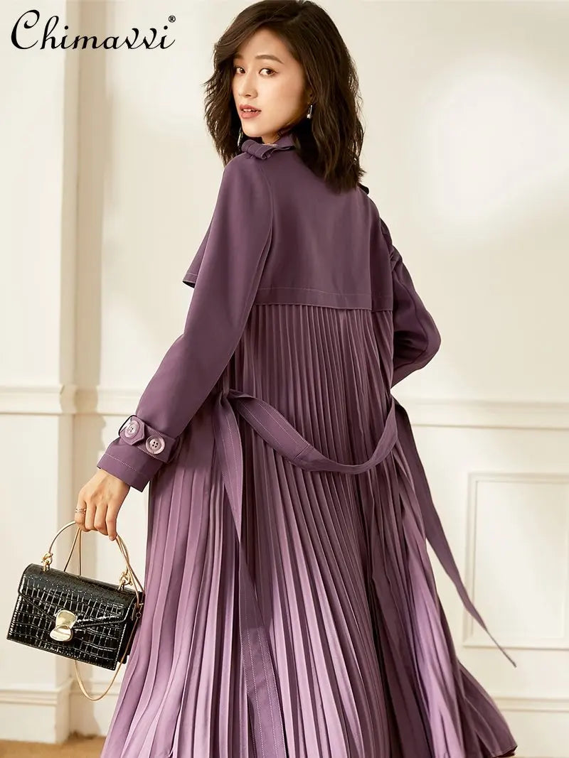 Ladies New 2023 Spring High-End Commuter Blue Trench Coat for Women Fashion Stitching Pleated Hem Loose Elegant Long Trench