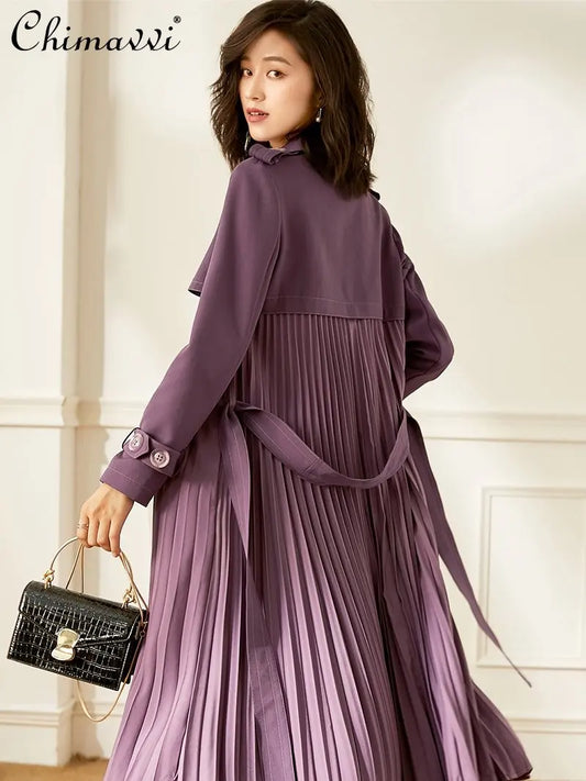 Ladies New 2023 Spring High-End Commuter Blue Trench Coat for Women Fashion Stitching Pleated Hem Loose Elegant Long Trench