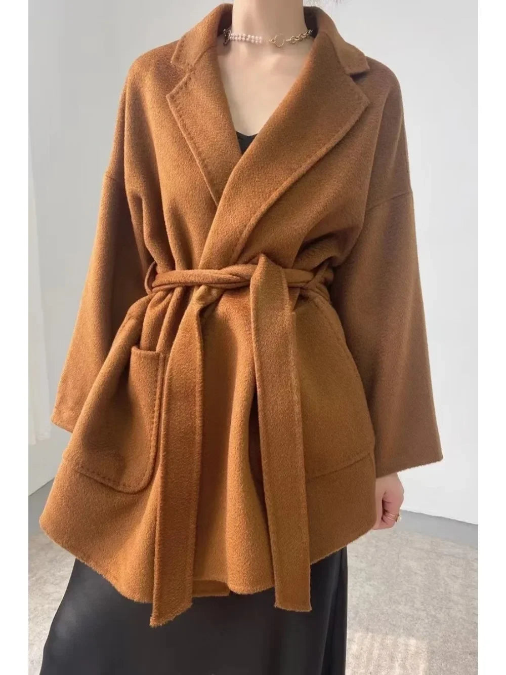 2024 Winter Casual Adjustable Waist Wool Coat Women  Water Ripples Woolen Coat Jackets female New Autumn Camel Coat Commuting