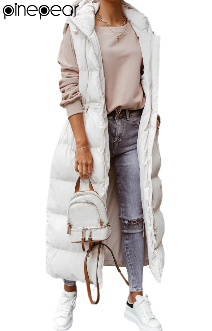 PinePear 2025 Fall Winter Fashion Women Super Long Quilted Vests Hooded Maxi Length Sleeveless Puffer Vest Padded Coat Outerwear