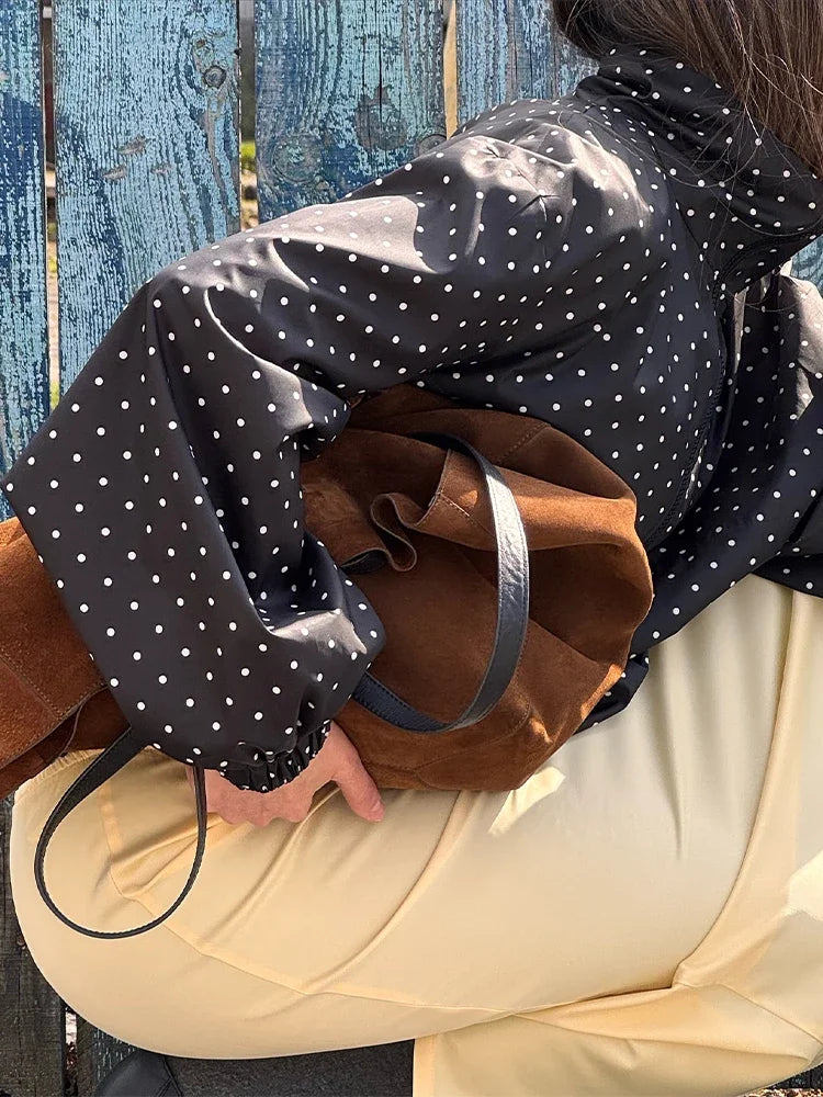 Black Polka Dot Half Zip Pullover Coat Women Loose Fit Puff Sleeves Outfit 2025 New Fashion Street Daily Autumn Outerwear 2025