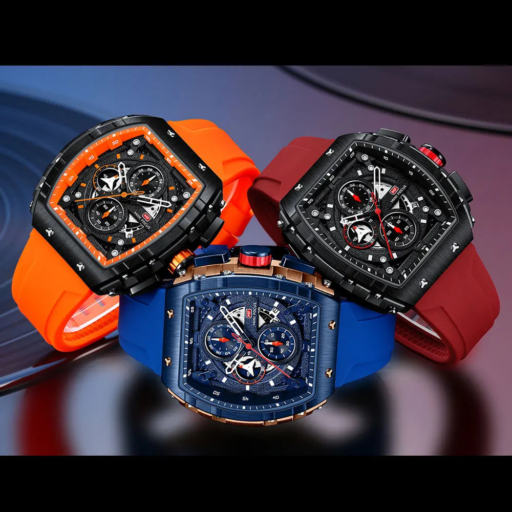 MINI FOCUS Chronograph Quartz Watch for Men Tonneau Dial Military Sport Wristwatch with Orange Silicone Strap Auto Date 0399