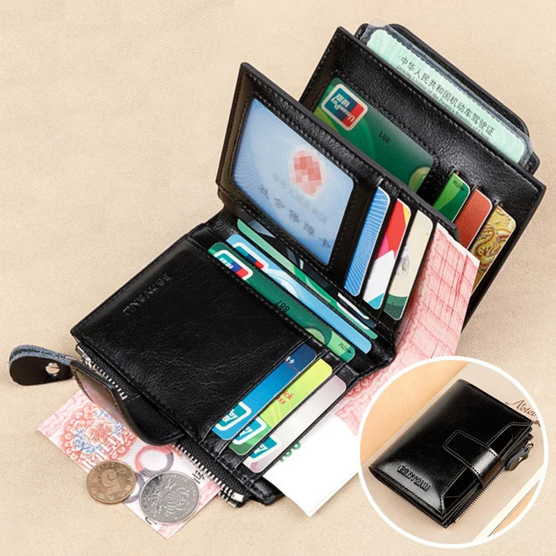 Genuine Leather Wallets for Women Red Money Purses Zipper RFID Short Female Small Card Holder Coin Purse Trifold Bifold Wallet