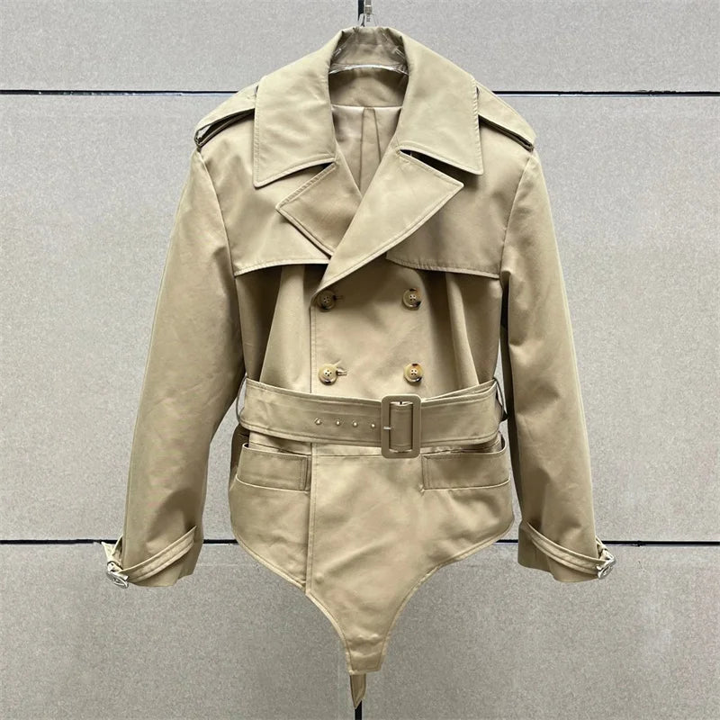 Women's jackets 2025 summer new belt slim fit lapel long sleeved top High quality pure cotton Women's coat jumpsuit windbreaker