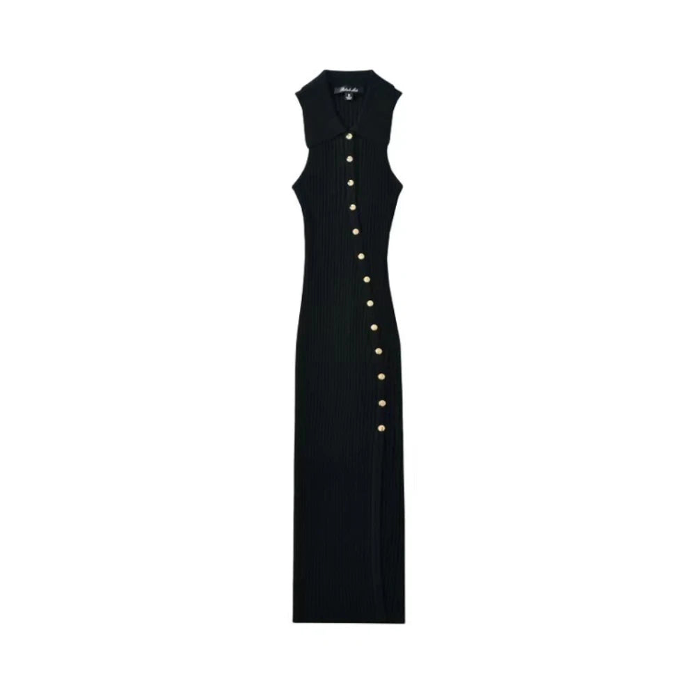 Women Dress Slim Fit Long Dresses Sexy V Neck Sleeveless Hip Wrap Elegant Splice Solid Regular Vestidos Button 2025 Summer