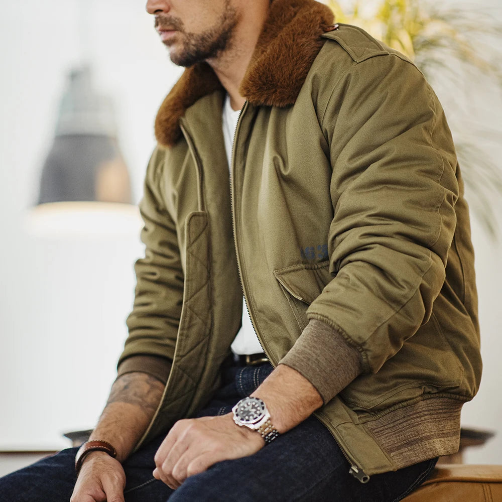 Maden Vintage B10 Bomber Jacket Zippered Cotton Flight Coat with Fur Collar Lapel Pockets Green Cotton Jacket for Men's Winter