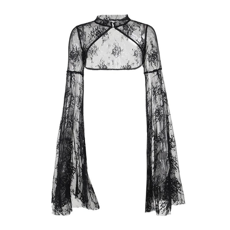 Women's Long Sleeve Crop Tops Blouses Shirt Top Punk Shrugs Cardigan Lace Mesh Crop Top Cosplay Outfits Streetwear